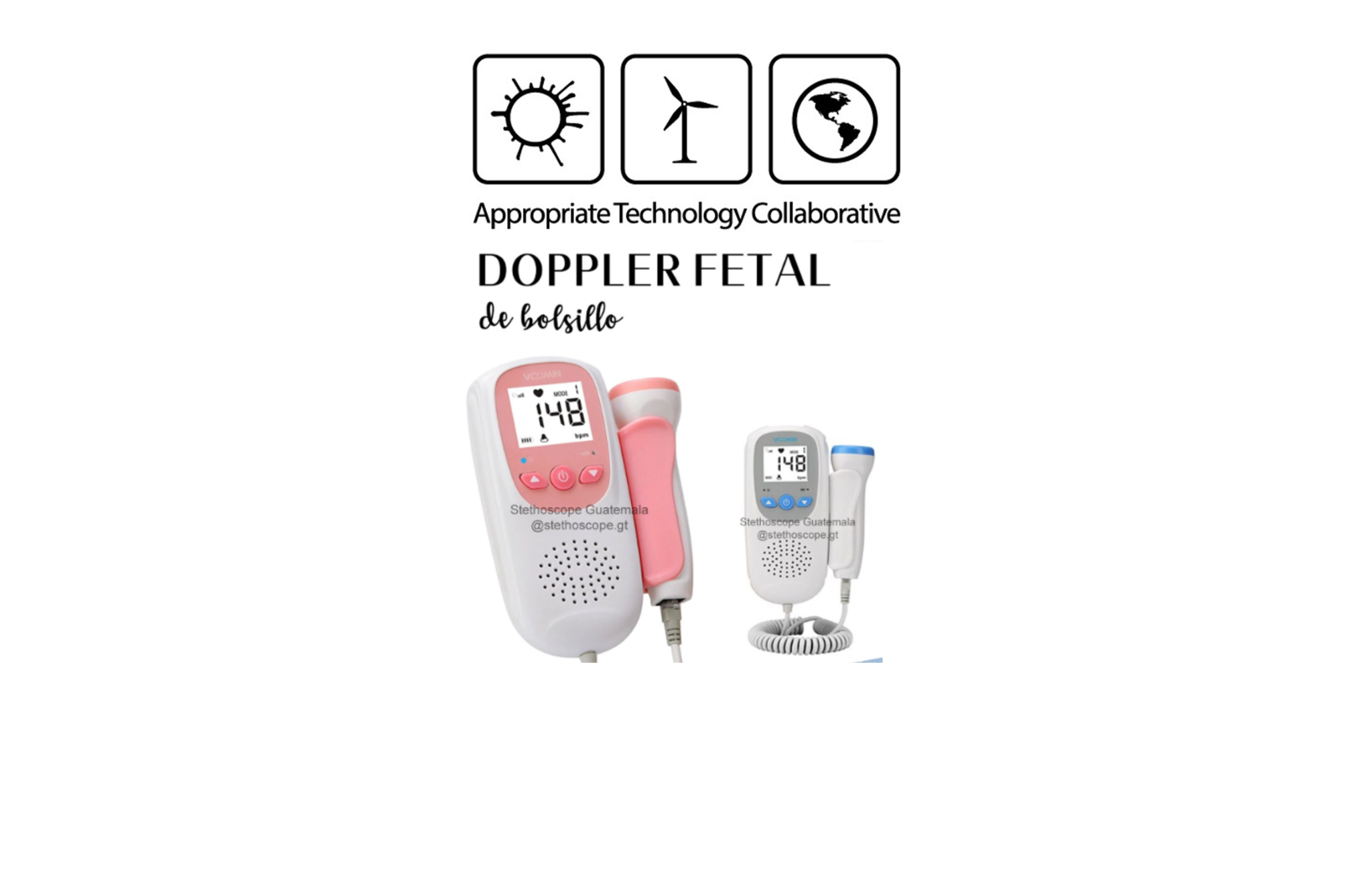 Product image showing handheld fetal Dopplers with probes and digital displays.