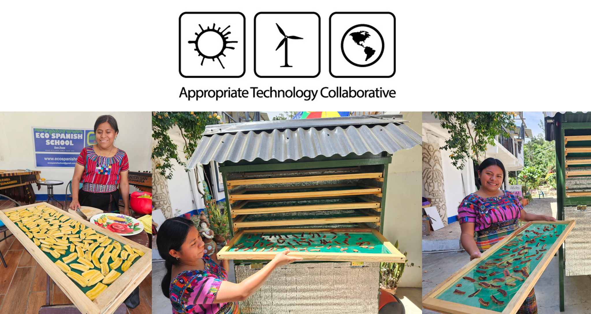 Preparing fruit, loading the Phase 4 solar dehydrator, and displaying dried fruit at Eco Spanish School in Guatemala.